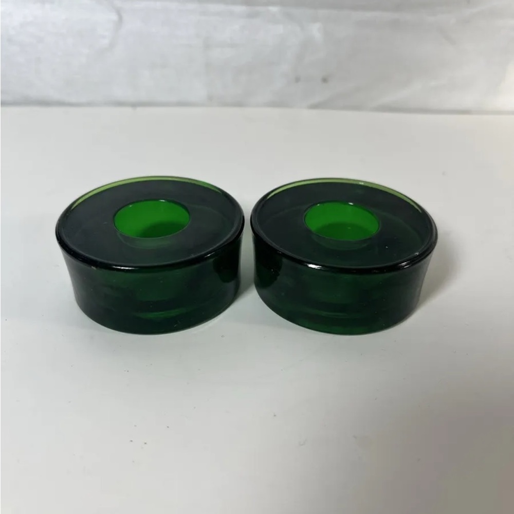 2 Crate & Barrel Round Emerald Green Glass Candle Holders